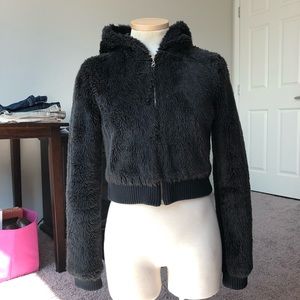Frenchi Faux Fur Zip-Up Hooded Cropped Jacket